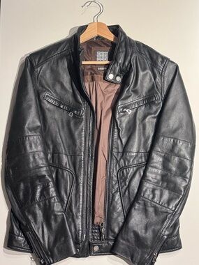 Geox Black Leather Bomber Jacket with Brown Lining